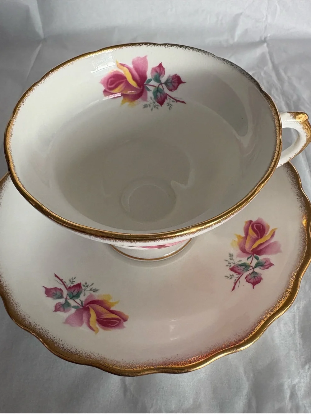 Rosina White Teacup & Saucer With Multi-color  Floral Gold Trim England Bone